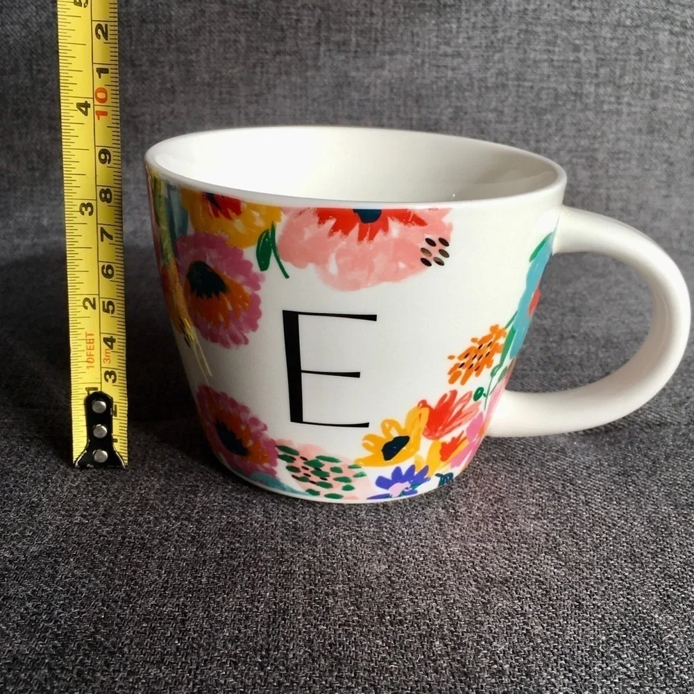 Floral E Initial Mug White Black Pink Blue Yellow 16 oz
